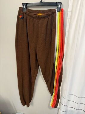 Aviator Nation Brown Track Pants with Rainbow Side Stripes